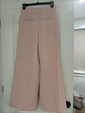 SHEIN Blush Pink Wide-Leg Knit Pants with Rhinestone Trim
